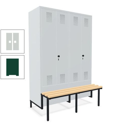 Doppel-Spind, Garderobenschrank, Buche Sitzbank integriert, 4 Abteile 300 mm, Korpus anthrazitgrau, Tür anthrazitgrau, 1.850 x 1.200 x 815 mm (HxBxT)