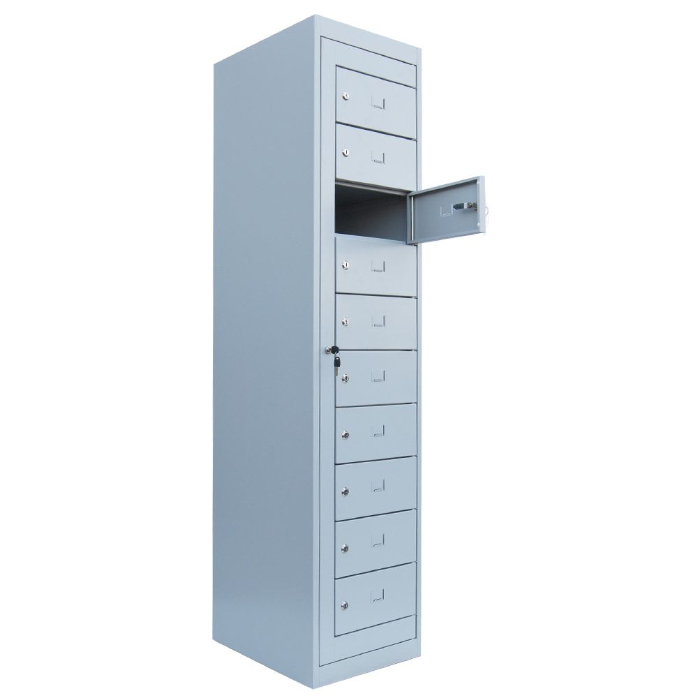Verteilerschrank, Ausgabeschrank, Fächerschrank, Zentraltür, 1 Abteil, 10 Fächer, 1.800 x 400 x 500 mm (HxBxT), Korpus lichtgrau, Front enzianblau
