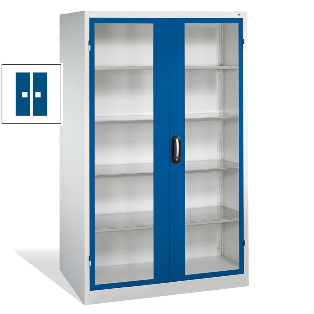 C+P Großraum Werkzeugschrank, Materiallager, Stahlschrank mit Sichtfenstertüren, 4 Fachböden, Farbe lichtgrau, 1.950 x 1.200 x 500 (HxBxT)