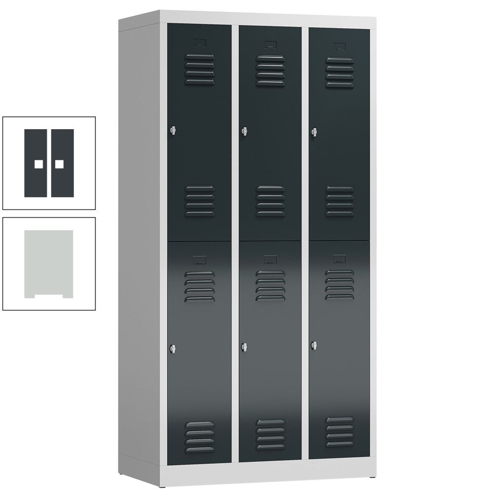 Garderobenschrank, Doppelstockspind, 3 Abteil, 6 Fächer, 1.800 x 870 x 500 mm (HxBxT), Stahl, Drehriegel, Korpus: lichtgrau, Front: anthrazitgrau