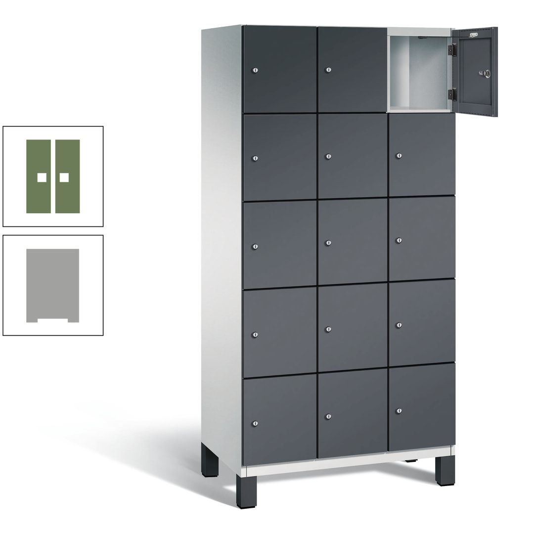 Fächerschrank, Stahlschrank, 15 Fächer, Türöffnungsbegrenzer, Füße, 1.980 x 900 x 525 mm (HxBxT), Korpus anthrazitgrau, Front anthrazitgrau
