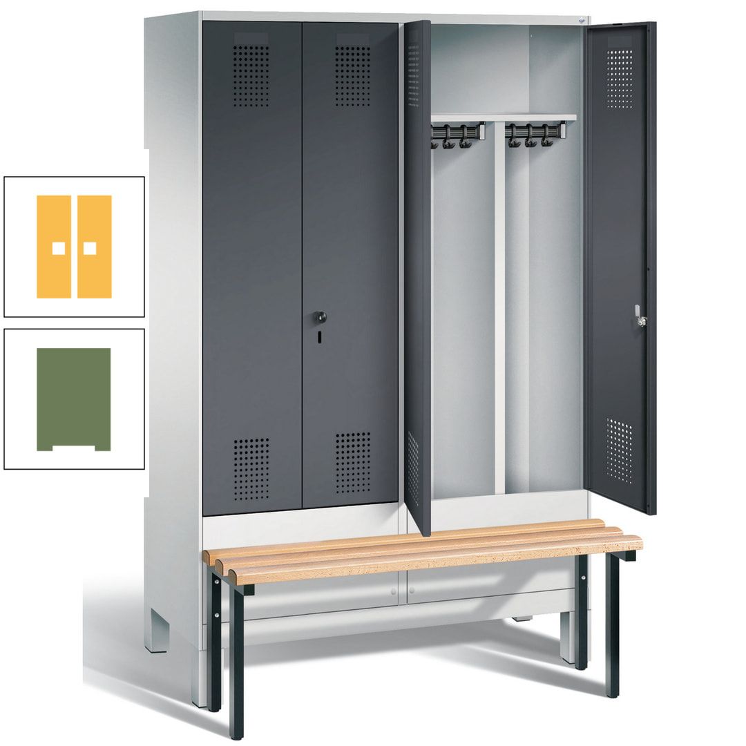 Doppel-Spind, Garderobenschrank, Buche Sitzbank vorgebaut, 4 Abteile a 300 mm, Korpus feuerrot, Tür Wasserblau, 1.850 x 1.200 x 815 mm (HxBxT)