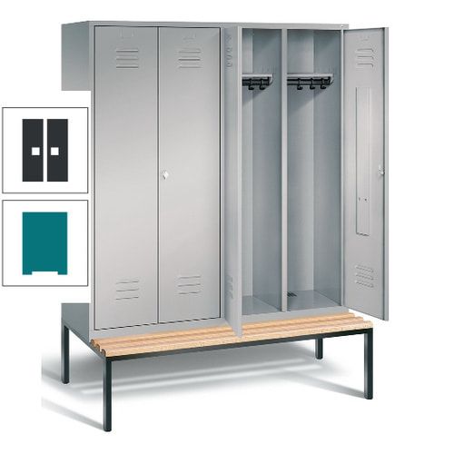 Doppel-Spindschrank, Buche Sitzbank untergebaut, 4 Abteile a 400 mm, Korpus lichtgrau, Tür anthrazitgrau, 2.090 x 1.590 x 815 mm (HxBxT)
