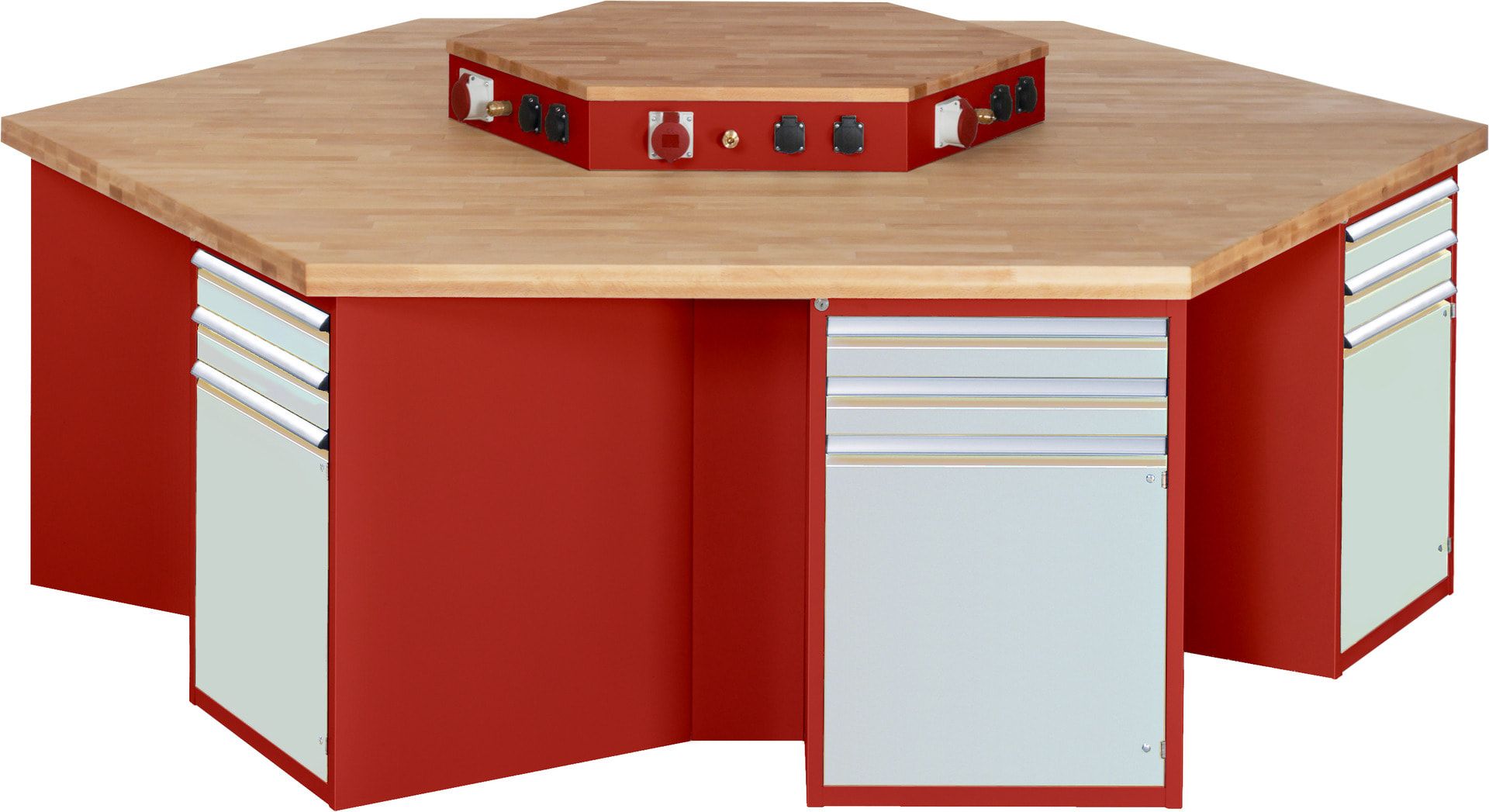 Gruppenwerkbank, Buche, Höhe 840 mm, mit Energieaufsatz, Unterbau-Container, 2 Schubladen, 1 Tür, 1 Boden - Anthrazitgrau