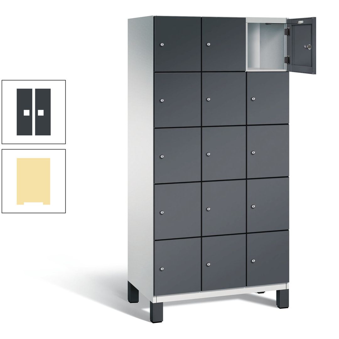 Fächerschrank, Stahlschrank, 15 Fächer, Türöffnungsbegrenzer, Füße, 1.980 x 900 x 525 mm (HxBxT), Korpus anthrazitgrau, Front anthrazitgrau