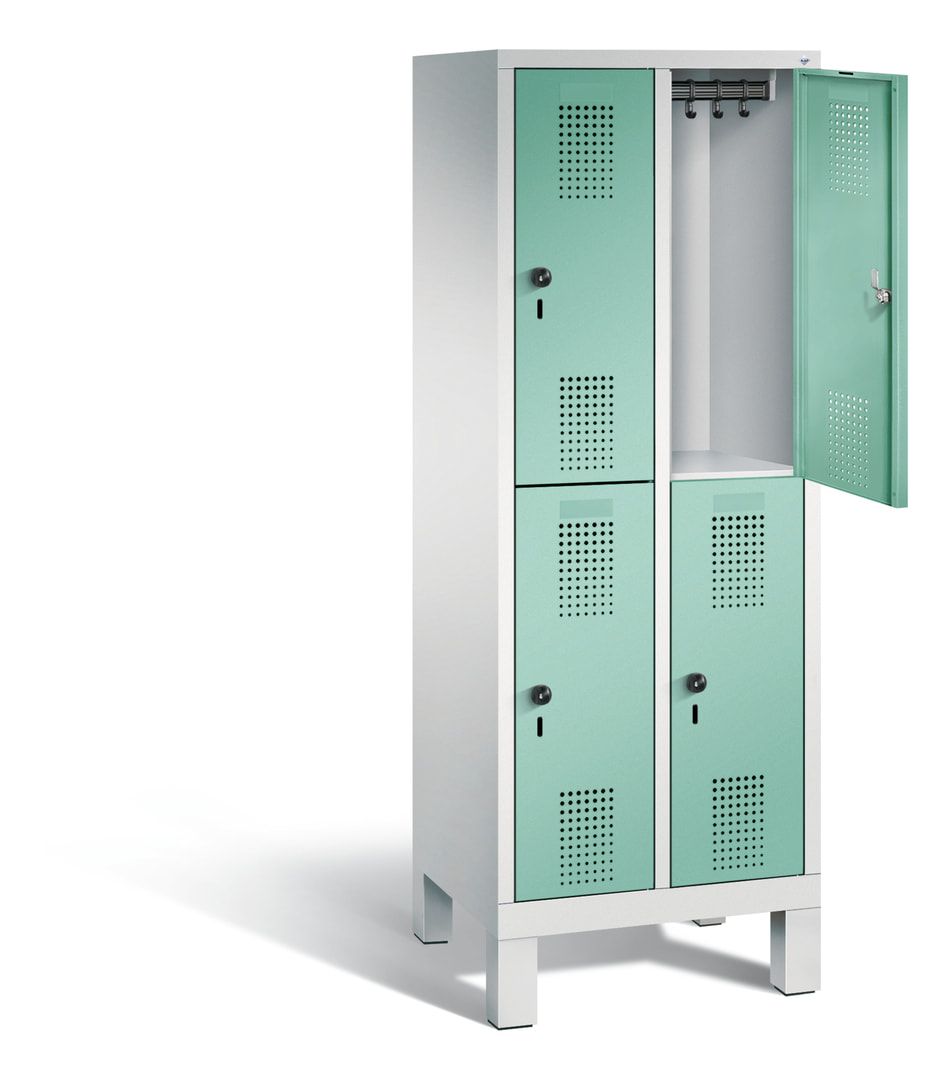Schließfachschrank für Grundschulen, Fächerschrank, 2 Abteile, 4 Fächer, Füße, 1.650 x 610 x 500 mm (HxBxT), Korpus Schwefelgelb, Tür anthrazitgrau