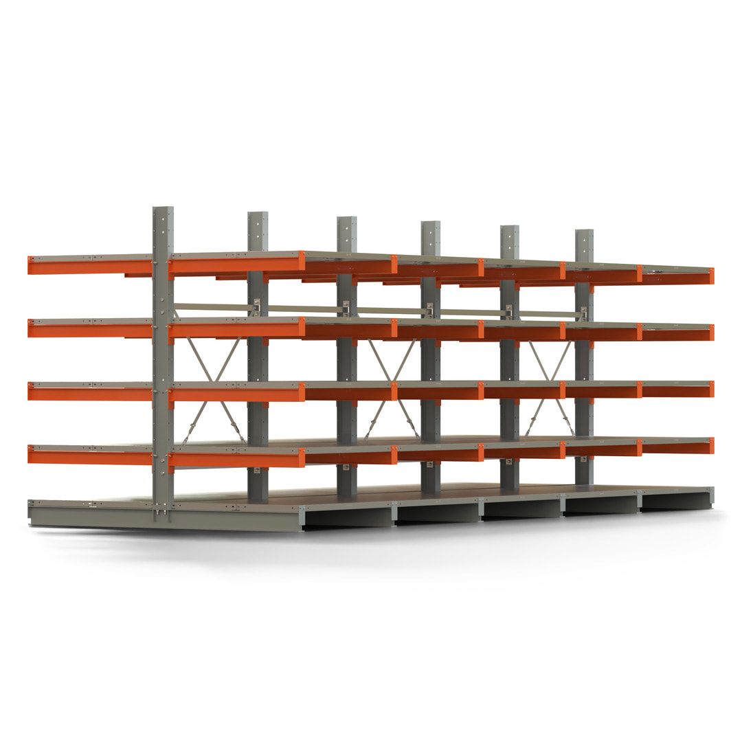 Doppelseitiges Kragarmregal mit Fachböden, 2 Felder, 2.000 x 2.000 (HxB), Nutztiefe 1.000 mm, Kragarmlast 450 kg, KARL basic, silbergrau/reinorange