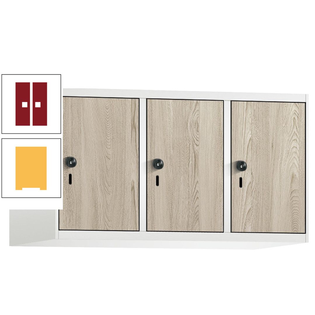 Aufsatzschrank, Schrankaufsatz, 3 Fächer a 300 mm, Farbe Pastellgelb, Tür anthrazitgrau, 500 x 900 x 500 mm (HxBxT)