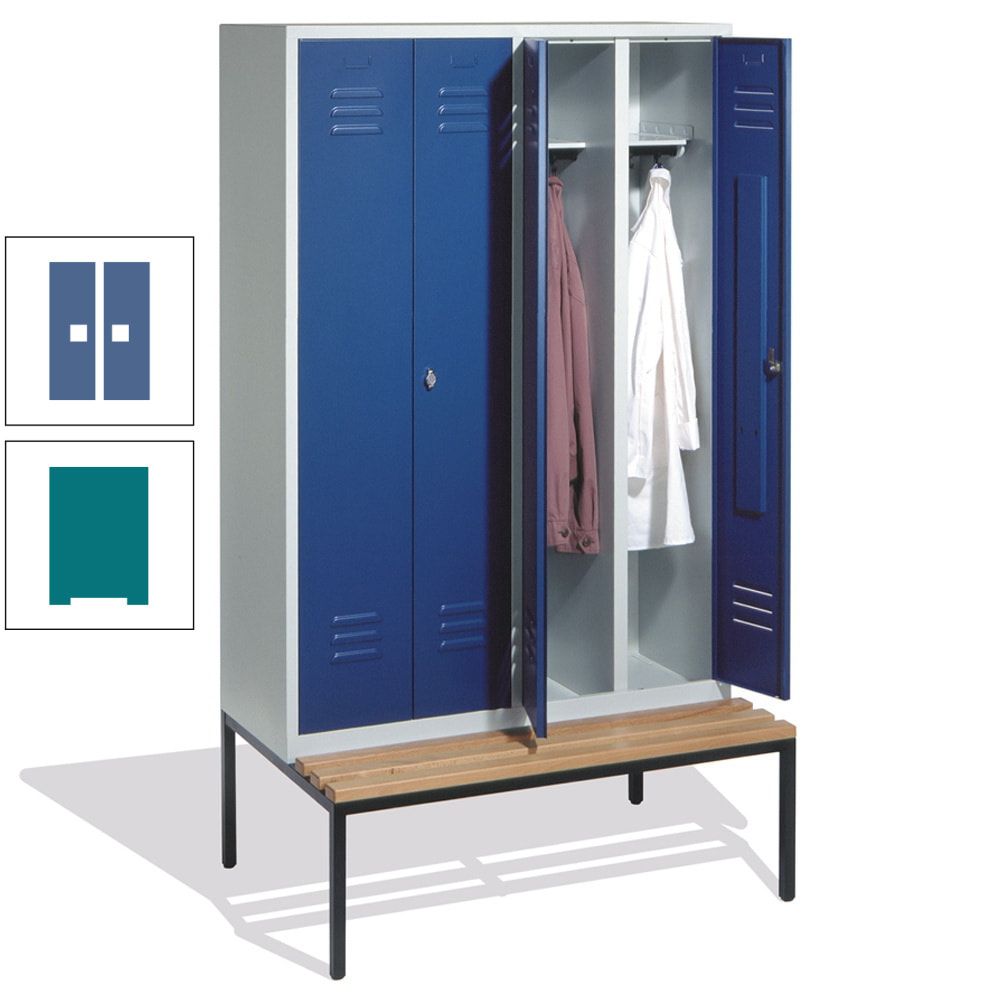 Doppel-Spindschrank, Buche Sitzbank untergebaut, 4 Abteile a 300 mm, Korpus lichtgrau, Tür anthrazitgrau, 2.090 x 1.190 x 815 mm (HxBxT)