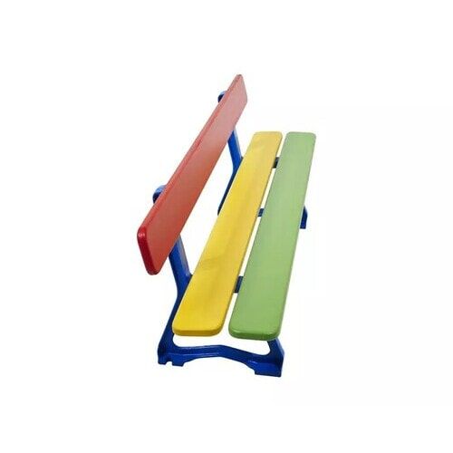 Kindersitzbank, Sitzbank, 270 x 1.500 mm (HxB), Tropenholz mehrfarbig, Stahlguss verzinkt, beschichtet in enzianblau, auf Bodenplatten