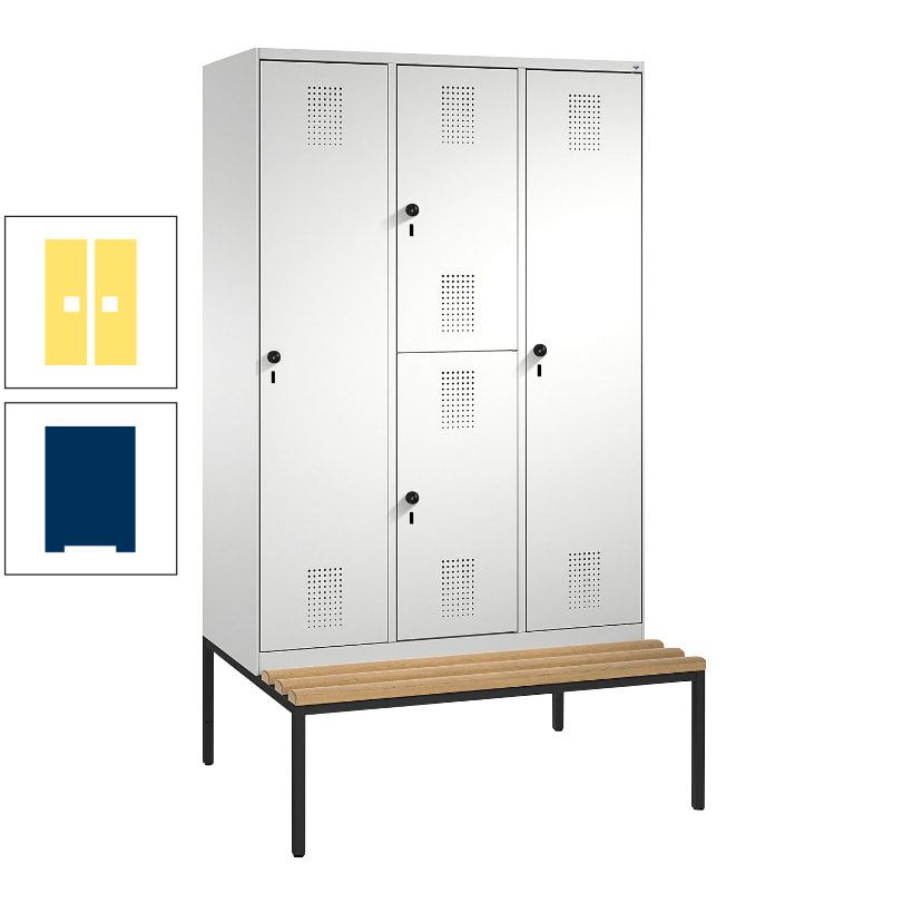 Garderobenschrank, Spind ein- und doppelstöckig Sitzbank, 3 Abteile, 4 Fächer, 2.090x1.200x500 mm (HxBxT), Front anthrazitgrau, Korpus anthrazitgrau