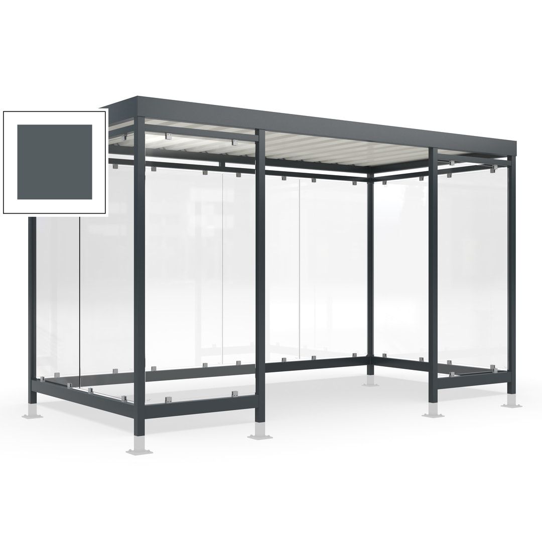 Raucherunterstand für 12-13 Personen, Bushaltestelle, mit Überpflasterung, 2.440 x 4.195 x 2.165 mm (HxBxT), 10 Wände, Achatgrau