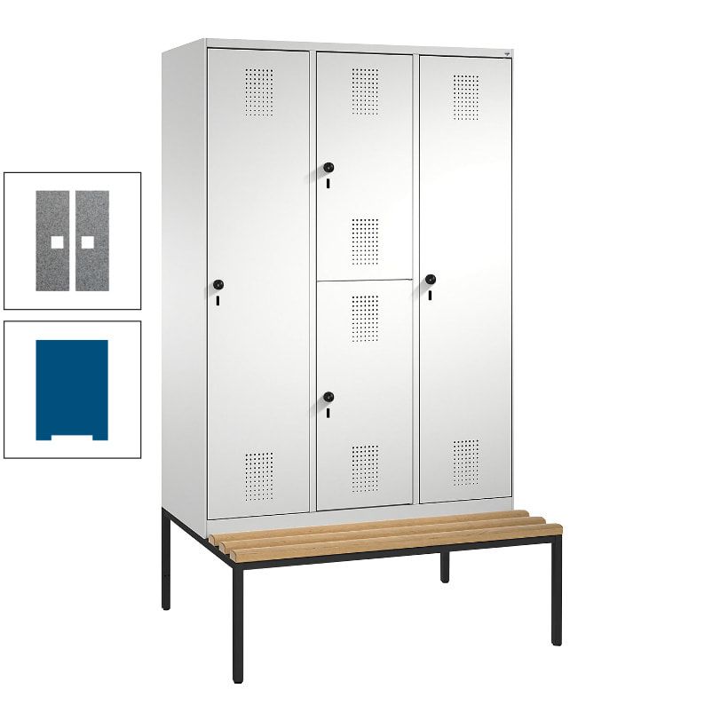 Garderobenschrank, Spind ein- und doppelstöckig Sitzbank, 3 Abteile, 4 Fächer, 2.090x1.200x500 mm (HxBxT), Front anthrazitgrau, Korpus anthrazitgrau