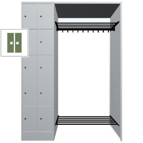 Garderobenanlage, Offene Garderobe mit Spindschrank, 10 Fächer, links, Korpusfarbe lichtgrau, Türfarbe enzianblau, 1.950 x 1.410 x 480 mm (HxBxT)