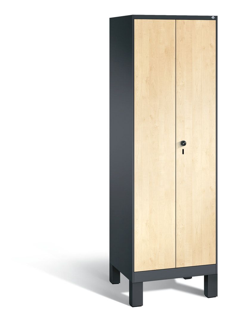 Doppel-Spind, Garderobenschrank mit Füßen, 2 Abteile a 300 mm, Korpus anthrazitgrau, Tür Dekorfront HPL Donau-Ahorn, 1.850 x 600 x 500 mm (HxBxT)