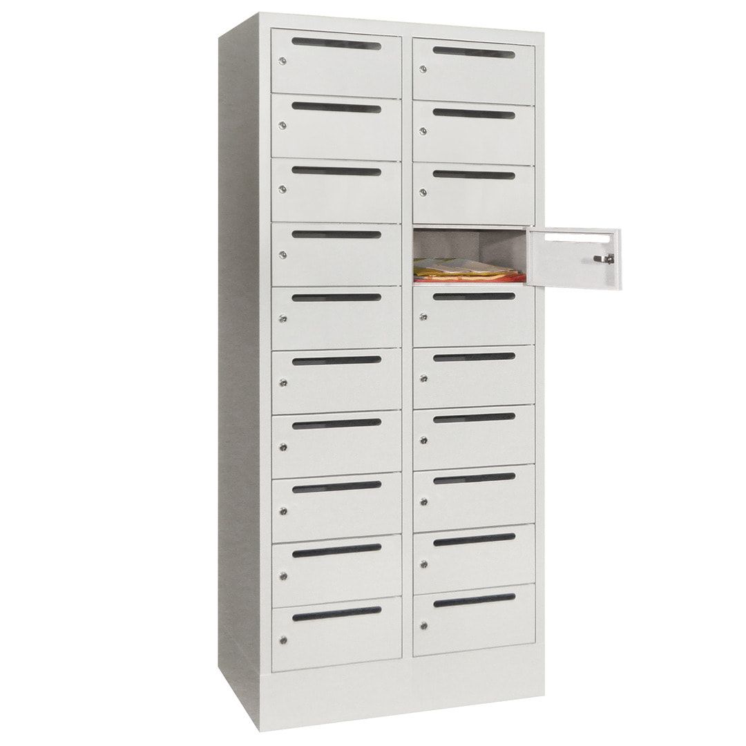 Postverteilerschrank, Schließfachschrank, 2 Abteile a 400 mm, 20 Fächer, 1.850 x 800 x 500 mm (HxBxT), Korpus anthrazitgrau, Front anthrazitgrau