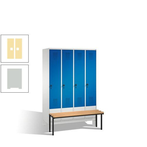 Stahl-Garderobenschrank, Spind, Buche Sitzbank vorgebaut, 4 Abteile a 300 mm, Korpus Lichtgrün, Tür Schwefelgelb, 1.850 x 1.200 x 815 mm (HxBxT)