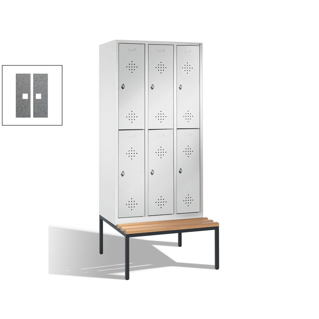 Garderobenschrank, Spind, 3 Abteile 6 Fächer, 2.090 x 1.200 x 815 mm (HxBxT), Hartholz Sitzbank untergebaut, Korpus anthrazitgrau, Türen anthrazitgrau
