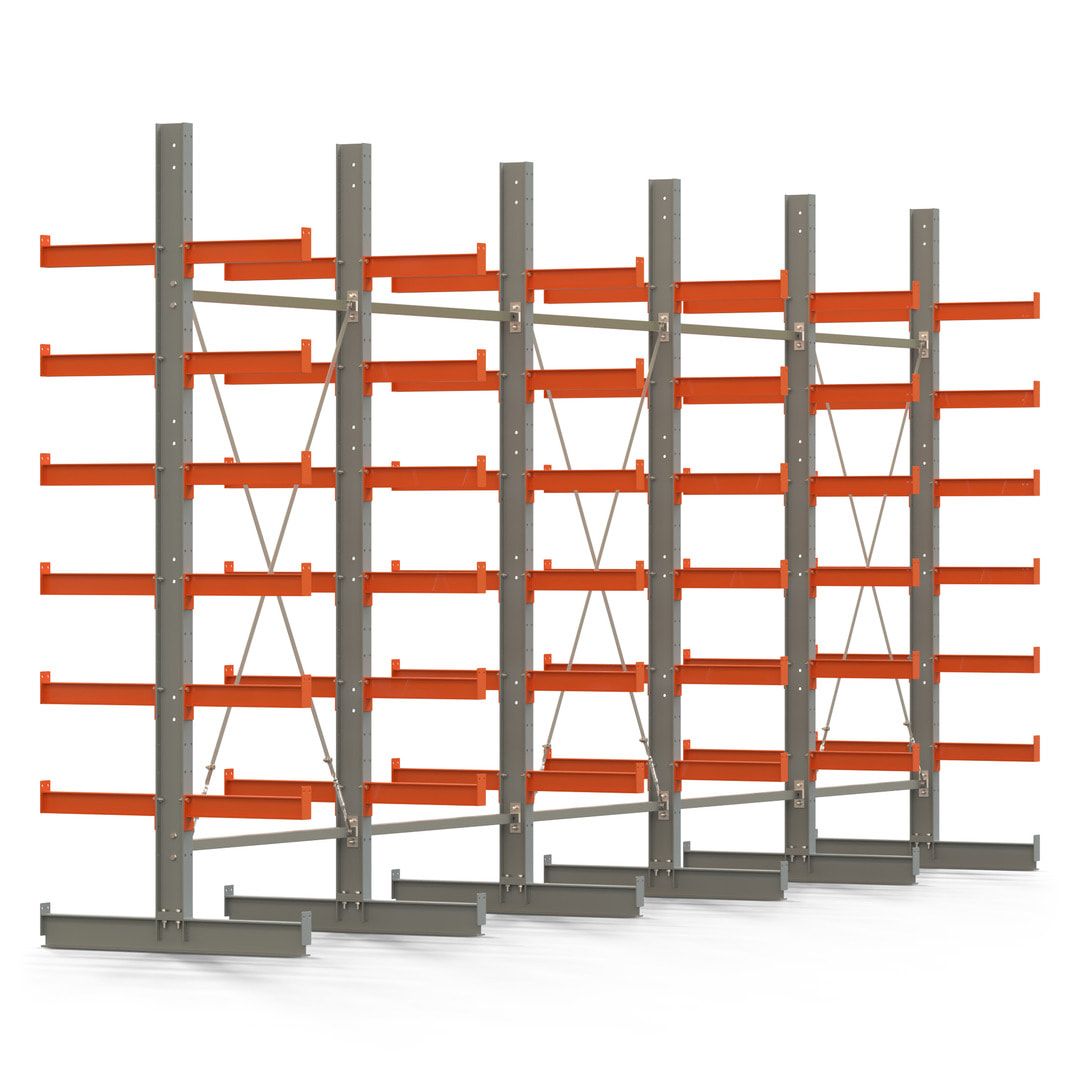 Doppelseitiges Kragarmregal, 2 Felder, 3.000 x 2.560 x 1.120 mm (HxBxT), Nutztiefe 500 mm, Kragarmlast 870 kg, KARL basic, silbergrau/reinorange