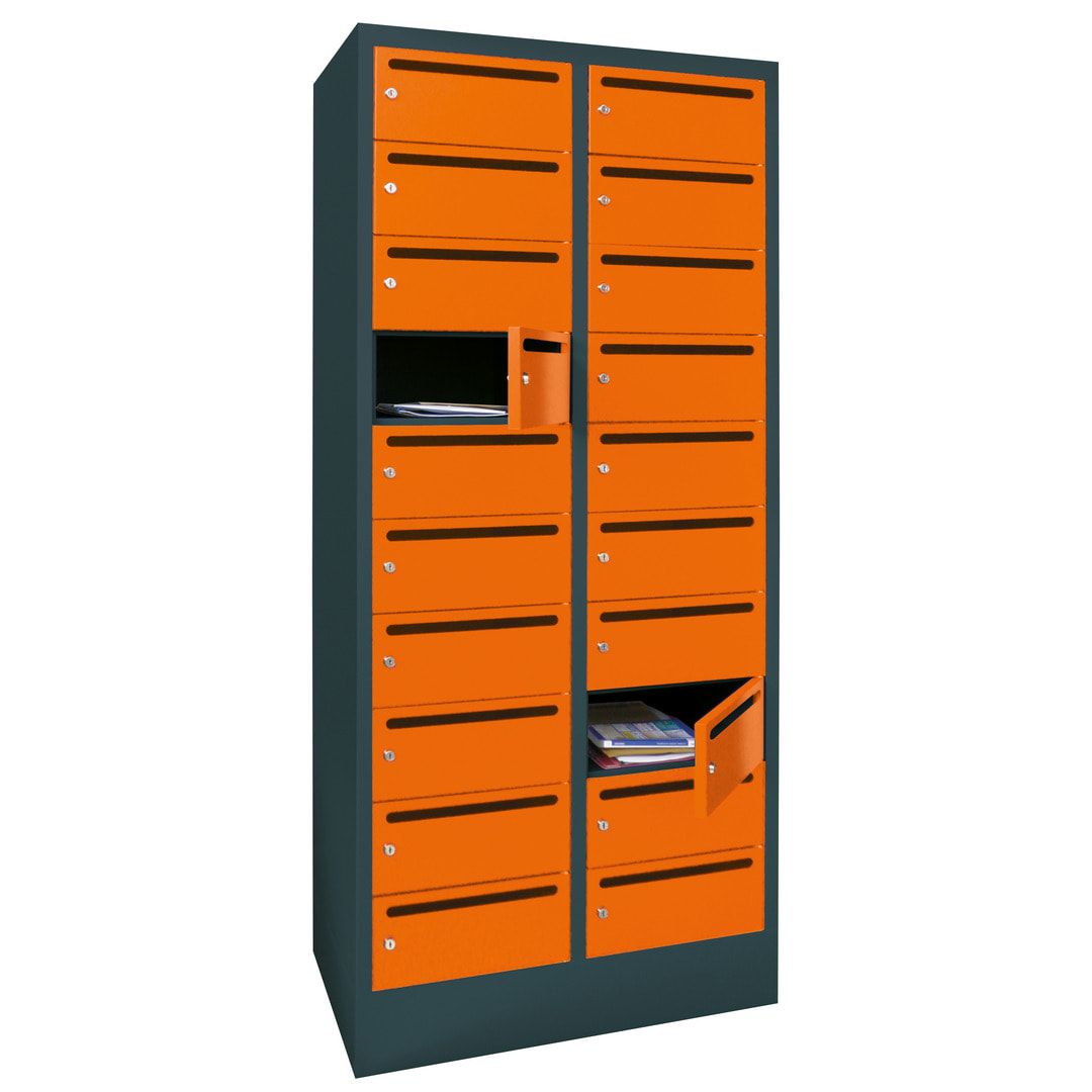 Postverteilerschrank, Schließfachschrank, 2 Abteile a 300 mm, 20 Fächer, 1.850 x 600 x 500 mm (HxBxT), Korpus anthrazitgrau, Front anthrazitgrau