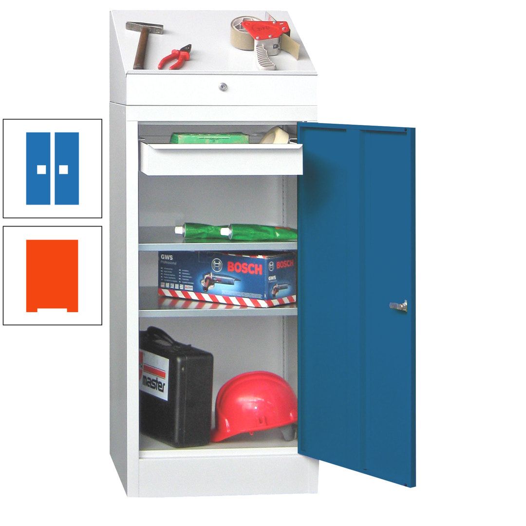 Stehpult mit Schrank - Vollblechtür - 1 Einlegeboden, 1 Ausziehboden, 1 Schublade - 1.270x500x500 mm (HxBxT) - anthrazitgrau