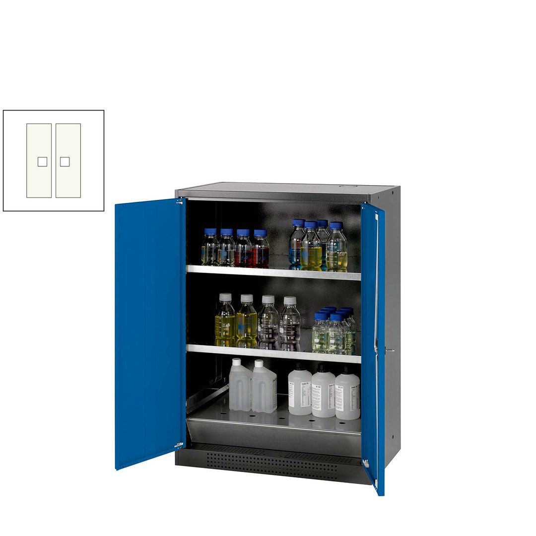 Chemikalienschrank - Flügeltüren, enzianblau - 2 Fachböden - 1.105 x 810 x 520 mm (HxBxT) - Stahl, pulverbeschichtet