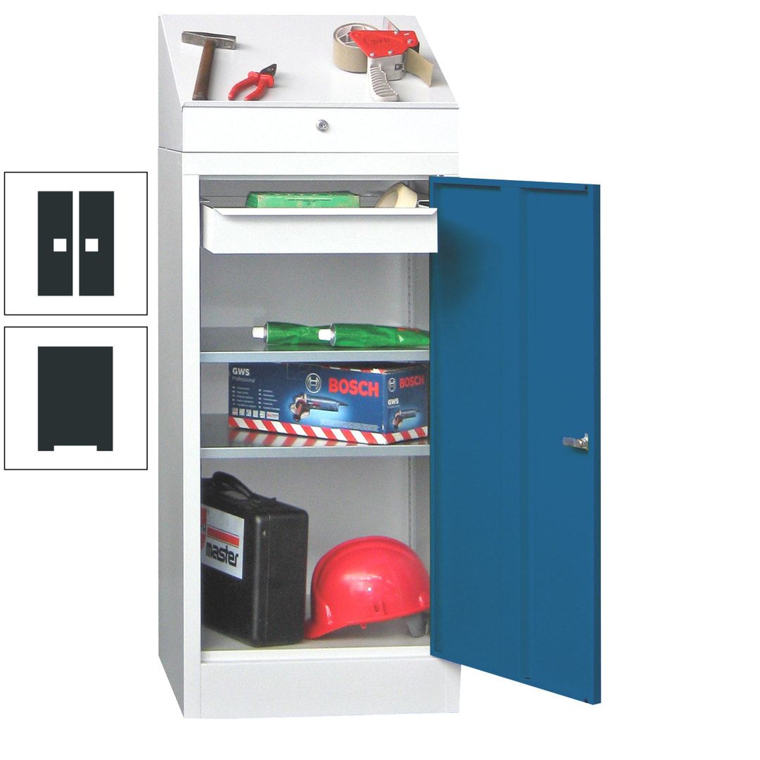 Stehpult mit Schrank - Vollblechtür - 1 Einlegeboden, 1 Ausziehboden, 1 Schublade - 1.270x500x500 mm (HxBxT) - anthrazitgrau