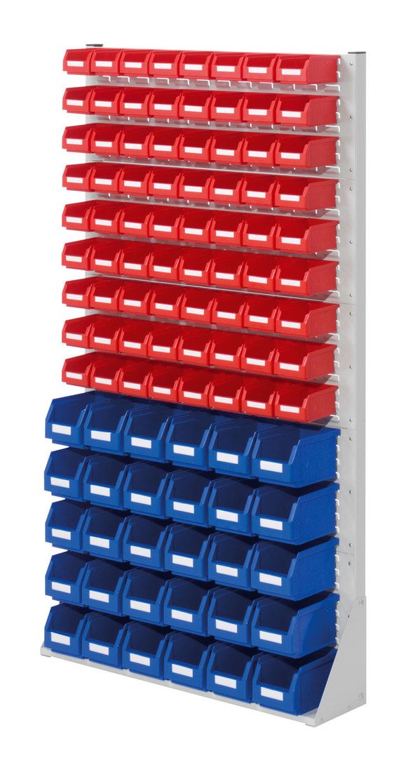 Stationäre Regalwand - Schlitzwand für Sichtlagerkästen - einseitig - mit 102 Kästen bestückt - 1.790 x 1.000 x 240 mm (HxBxT)