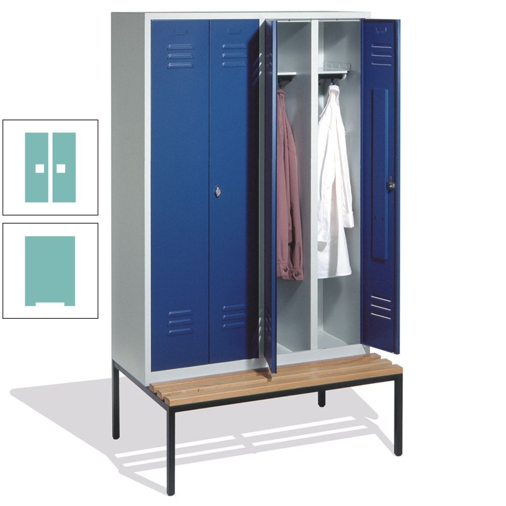 Doppel-Spindschrank, Buche Sitzbank untergebaut, 4 Abteile a 300 mm, Korpus lichtgrau, Tür anthrazitgrau, 2.090 x 1.190 x 815 mm (HxBxT)