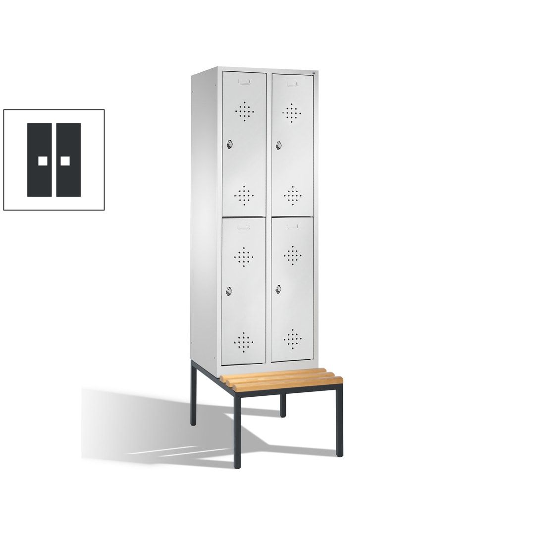 Garderobenschrank, Spind, 2 Abteile, 4 Fächer, 2.090 x 610 x 815 mm (HxBxT), Hartholz Sitzbank untergebaut, Korpus weißaluminium, Türen anthrazitgrau