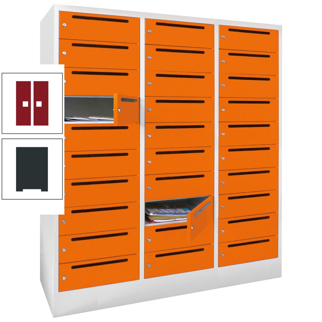 Postverteilerschrank, Schließfachschrank, 3 Abteile a 40 cm, 30 Fächer, 1.850 x 1.200 x 500 mm (HxBxT), Korpus anthrazitgrau, Front anthrazitgrau
