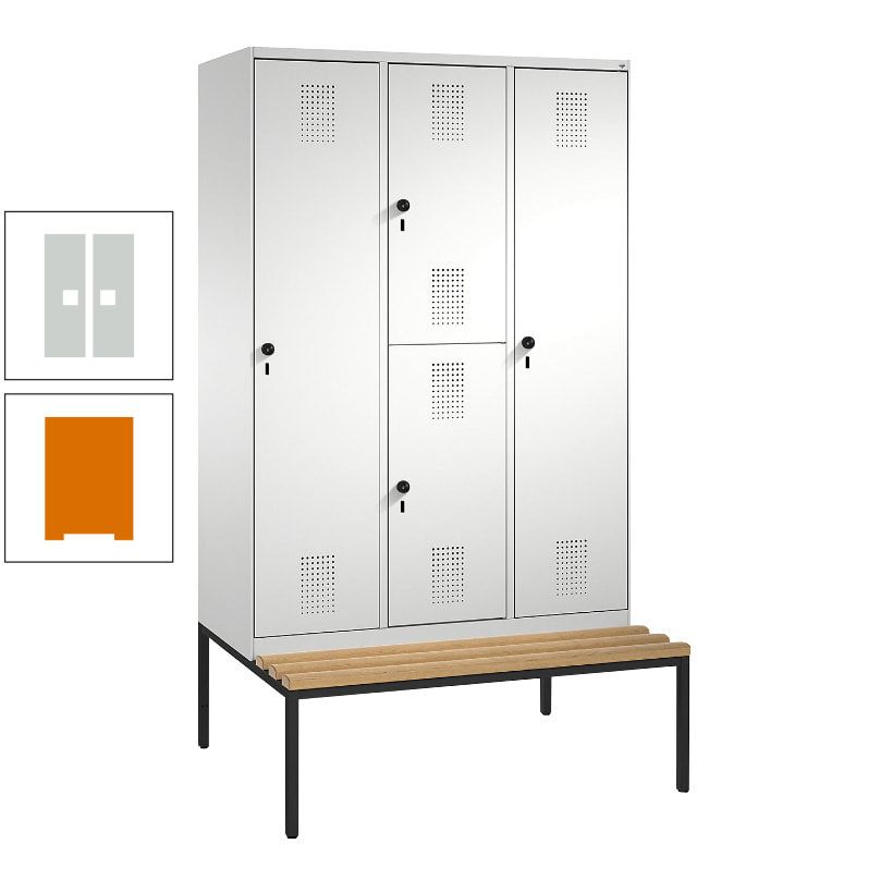 Garderobenschrank, Spind ein- und doppelstöckig Sitzbank, 3 Abteile, 4 Fächer, 2.090x1.200x500 mm (HxBxT), Front anthrazitgrau, Korpus anthrazitgrau