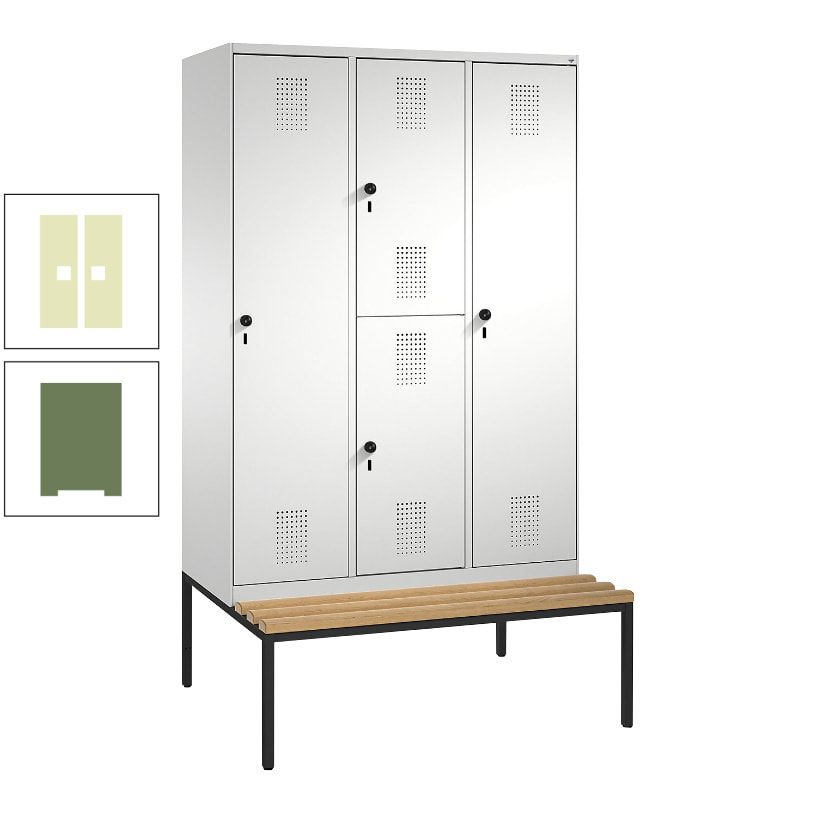 Garderobenschrank, Spind ein- und doppelstöckig Sitzbank, 3 Abteile, 4 Fächer, 2.090x1.200x500 mm (HxBxT), Front anthrazitgrau, Korpus anthrazitgrau