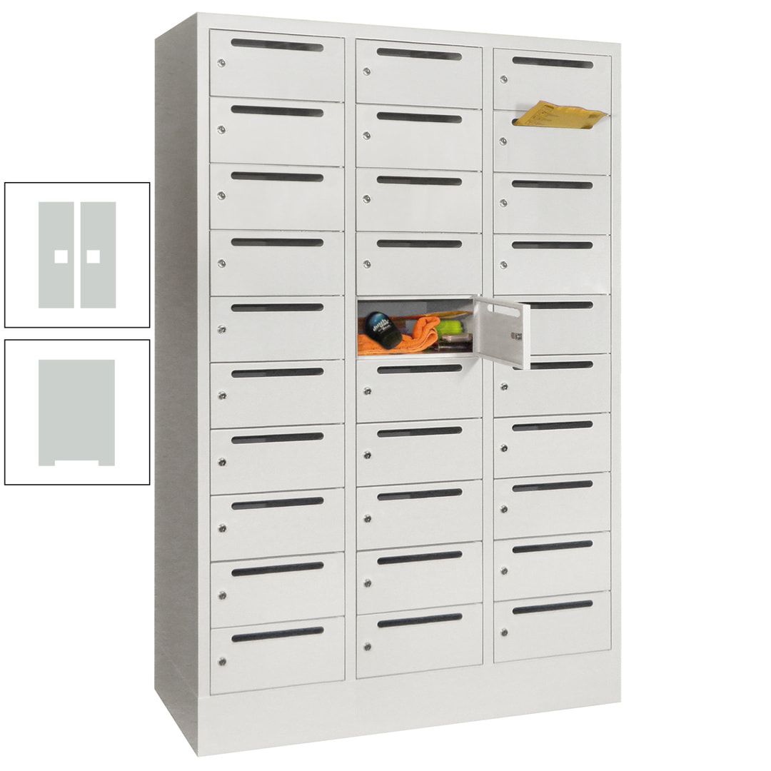 Postverteilerschrank, Schließfachschrank, 3 Abteile a 300 mm, 30 Fächer, 1.850 x 900 x 500 mm (HxBxT), Korpus anthrazitgrau, Front anthrazitgrau