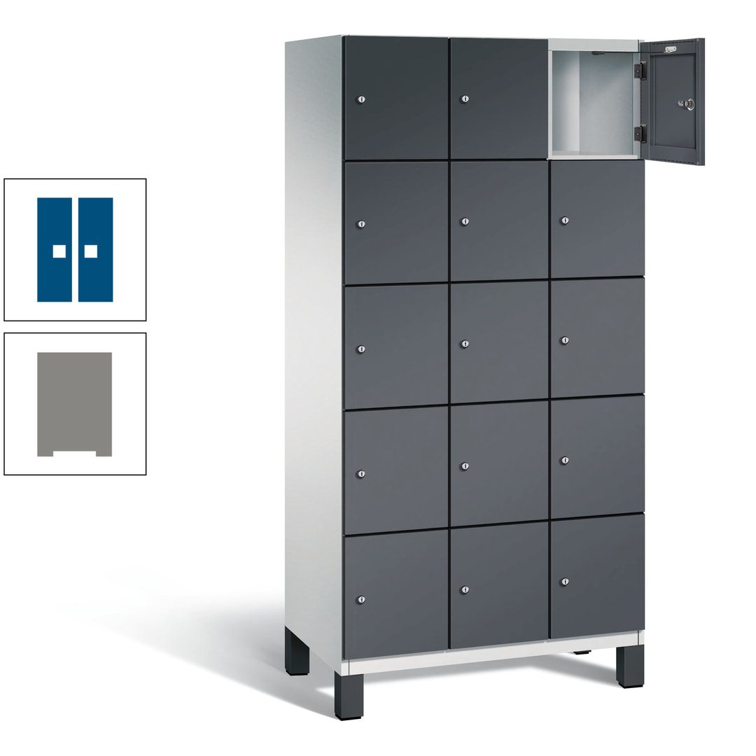 Fächerschrank, Stahlschrank, 15 Fächer, Türöffnungsbegrenzer, Füße, 1.980 x 900 x 525 mm (HxBxT), Korpus anthrazitgrau, Front anthrazitgrau