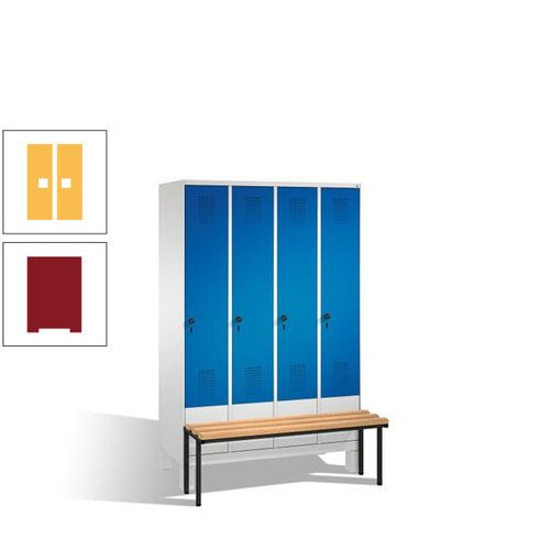 Stahl-Garderobenschrank, Spind, Buche Sitzbank vorgebaut, 4 Abteile a 300 mm, Korpus Lichtgrün, Tür Schwefelgelb, 1.850 x 1.200 x 815 mm (HxBxT)