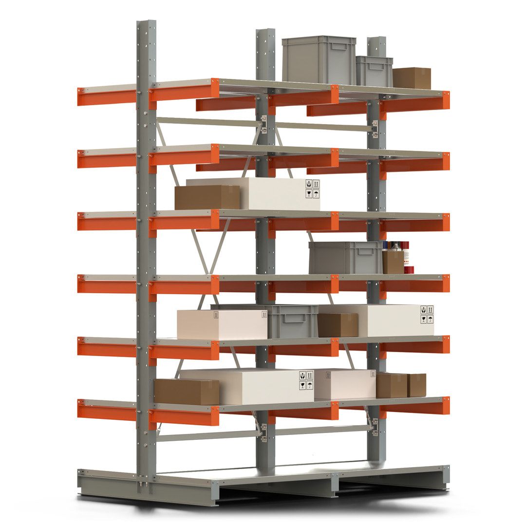 Doppelseitiges Kragarmregal mit Fachböden, 2 Felder, 3.000 x 2.000 (HxB), Nutztiefe 1.000 mm, Kragarmlast 450 kg, KARL basic, silbergrau/reinorange