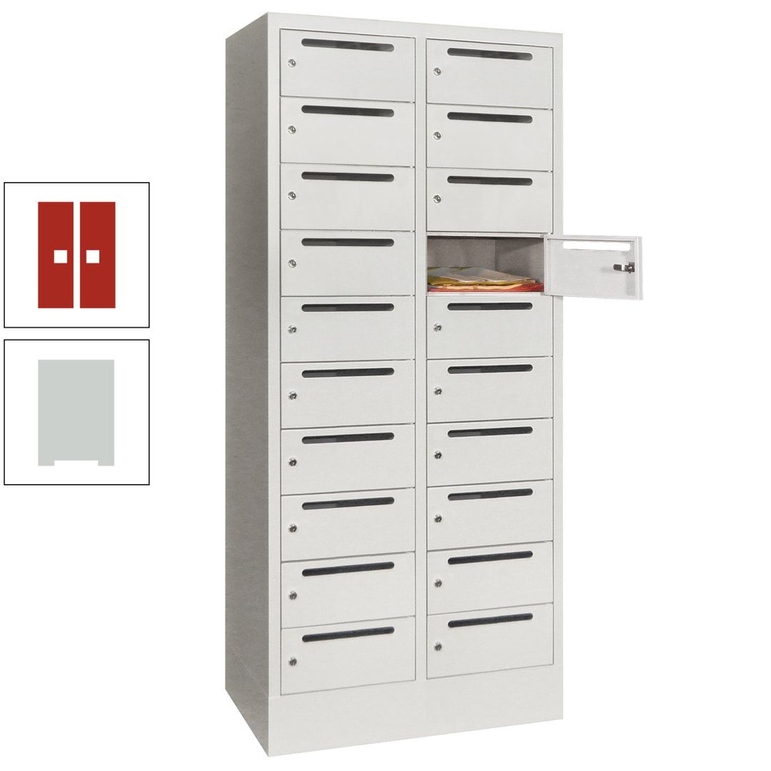 Postverteilerschrank, Schließfachschrank, 2 Abteile a 400 mm, 20 Fächer, 1.850 x 800 x 500 mm (HxBxT), Korpus anthrazitgrau, Front anthrazitgrau