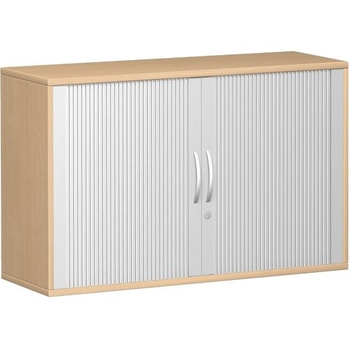Querrollladenschrank, Dekoreinlageboden, Metallsockel/Standfüße, abschließbar, 768 x 1.000 x 425 mm (HxBxT), Korpusfarbe Ahorn, Frontfarbe silber