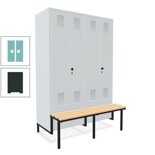 Doppel-Spind, Garderobenschrank, Buche Sitzbank integriert, 4 Abteile 300 mm, Korpus anthrazitgrau, Tür anthrazitgrau, 1.850 x 1.200 x 815 mm (HxBxT)