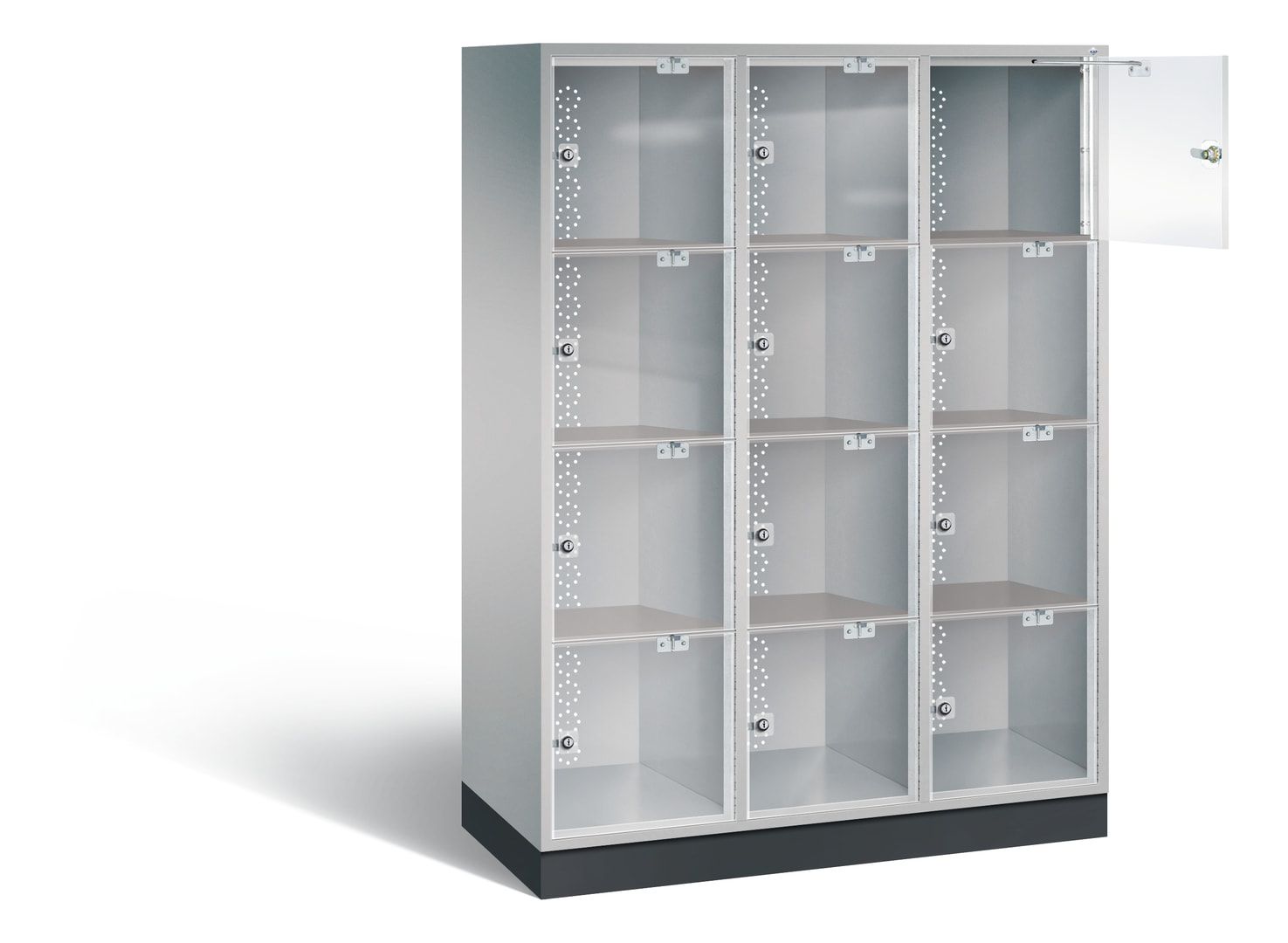 Schließfachschrank, Fächerschrank mit Türen aus Acrylglas, 3 Abteile, 12 Fächer, Zylinderschloss, 1.750 x 1.220 x 500 mm (HxBxT), Korpus anthrazitgrau