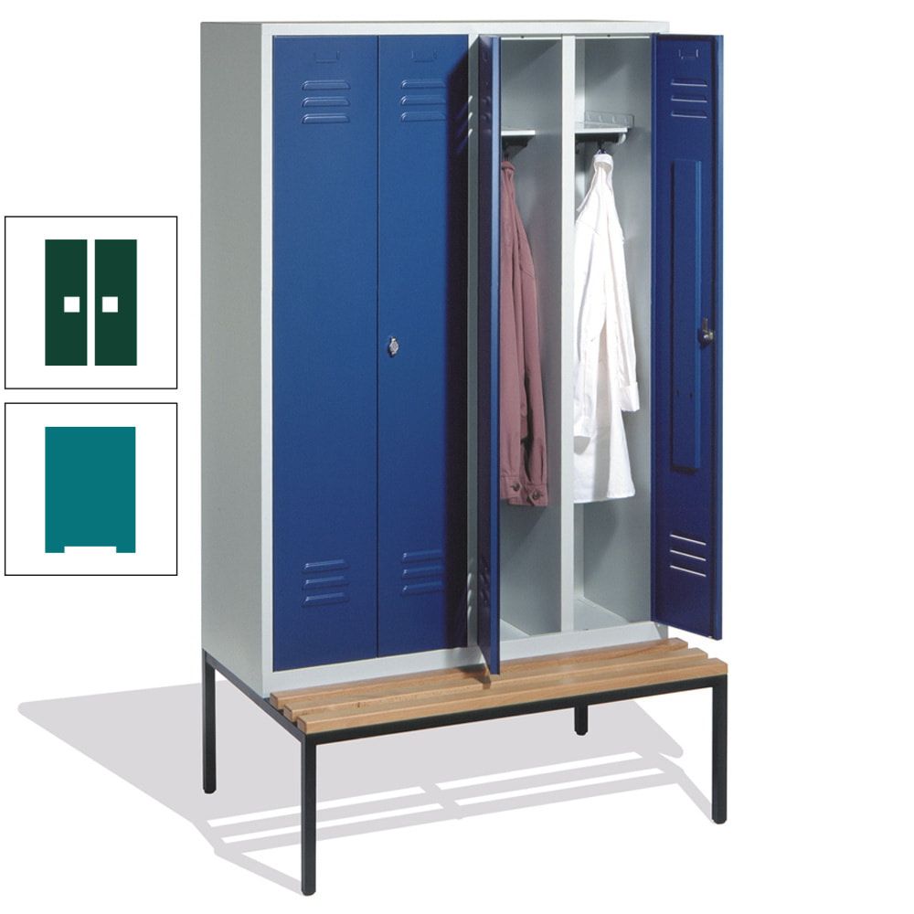 Doppel-Spindschrank, Buche Sitzbank untergebaut, 4 Abteile a 300 mm, Korpus lichtgrau, Tür anthrazitgrau, 2.090 x 1.190 x 815 mm (HxBxT)