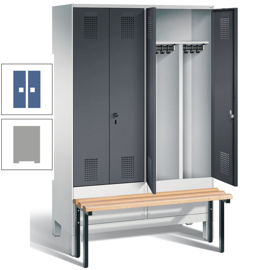 Doppel-Spind, Garderobenschrank, Buche Sitzbank vorgebaut, 4 Abteile a 300 mm, Korpus feuerrot, Tür Wasserblau, 1.850 x 1.200 x 815 mm (HxBxT)