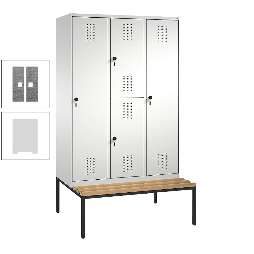 Garderobenschrank, Spind ein- und doppelstöckig Sitzbank, 3 Abteile, 4 Fächer, 2.090x1.200x500 mm (HxBxT), Front anthrazitgrau, Korpus anthrazitgrau