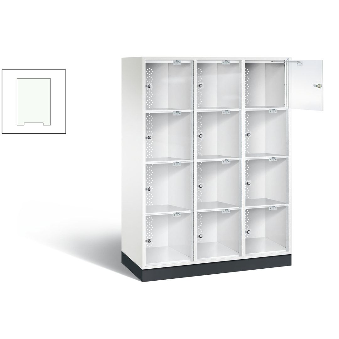 Schließfachschrank, Fächerschrank mit Türen aus Acrylglas, 3 Abteile, 12 Fächer, Zylinderschloss, 1.750 x 1.220 x 500 mm (HxBxT), Korpus anthrazitgrau