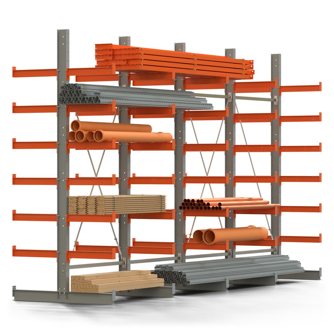 Doppelseitiges Kragarmregal, 2 Felder, 3.000 x 2.560 x 1.120 mm (HxBxT), Nutztiefe 500 mm, Kragarmlast 870 kg, KARL basic, silbergrau/reinorange