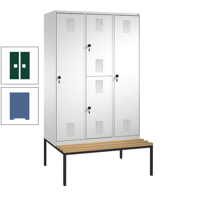 Garderobenschrank, Spind ein- und doppelstöckig Sitzbank, 3 Abteile, 4 Fächer, 2.090x1.200x500 mm (HxBxT), Front anthrazitgrau, Korpus anthrazitgrau