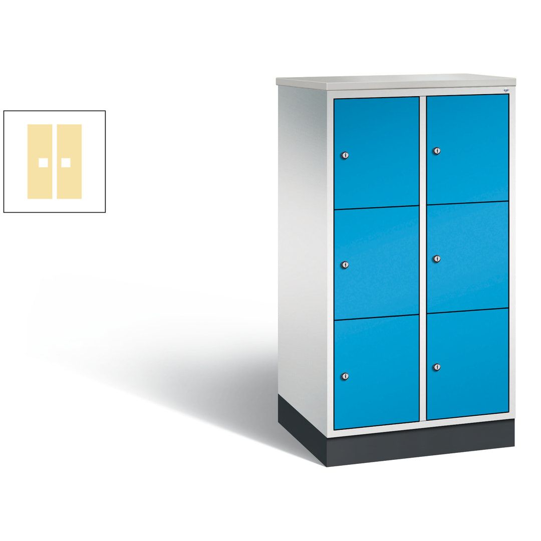 Schließfachschrank, Fächerschrank, 2 Abteile, 6 Fächer, Zylinderschloss, 1.250 x 620 x 500 mm (HxBxT), Korpus Fernblau, Tür anthrazitgrau