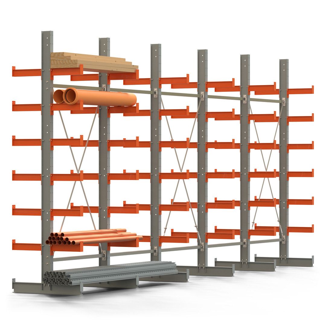 Doppelseitiges Kragarmregal, 2 Felder, 3.000 x 2.560 x 1.120 mm (HxBxT), Nutztiefe 500 mm, Kragarmlast 870 kg, KARL basic, silbergrau/reinorange