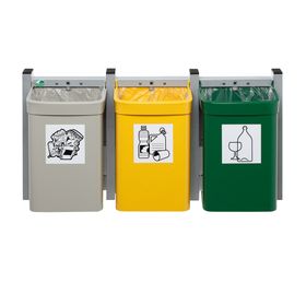 Wertstoffsammler für die Wandbefestigung - 45 l - 425 x 880 x 230 mm (H x B x T) - Piktogramm Glas, Wertstoffe, Restmüll - grün, gelb, grau